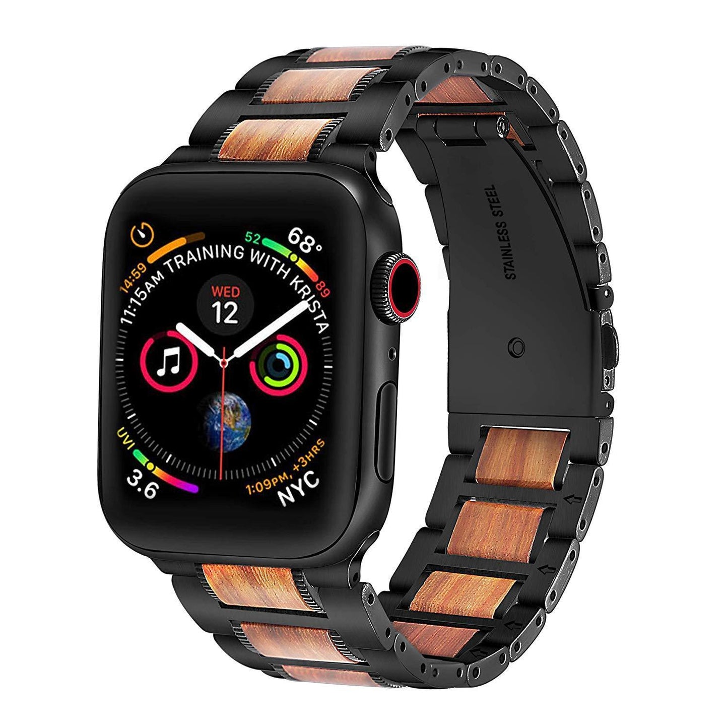 Lussuoso cinturino per Apple Watch in legno naturale e acciaio inossidabile